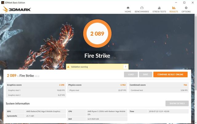 HP ENVY 360 AMD Ryzen 2500U 3DMark Fire Strike Benchmark