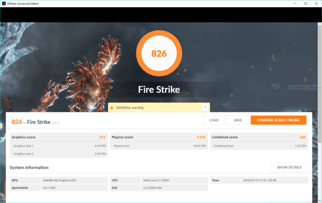 Asus ZenBook i7-7500U 3DMark Fire Strike Benchmark